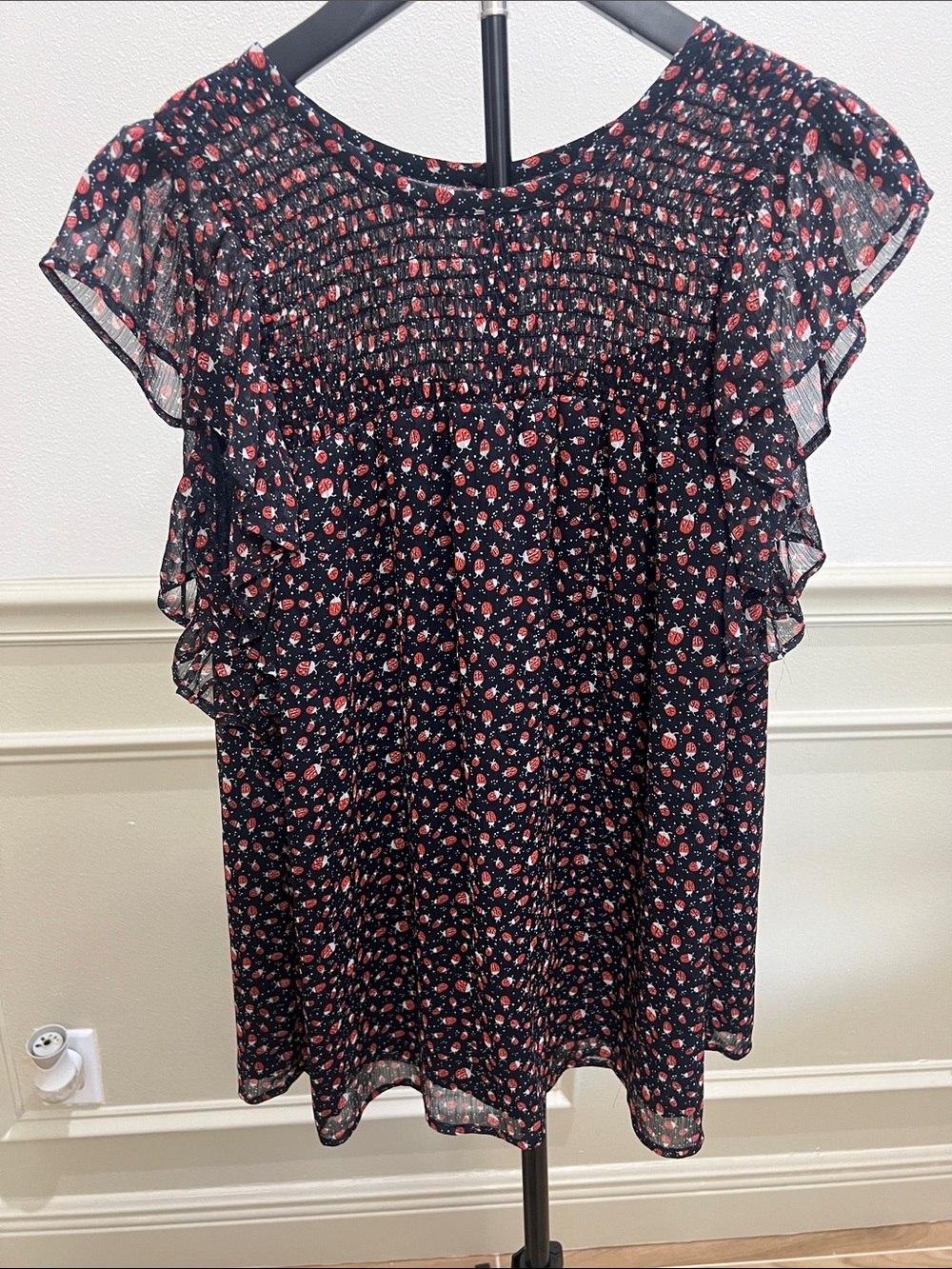LOFT Black Floral Ruffle Sleeve Blouse